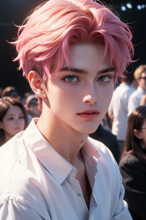 boy, handsome face, pink hair, green eyes, wearing a white shirt, looking at the audience