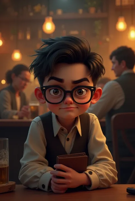 Boy with eyeglasses who is stingy and never offers at the bar
