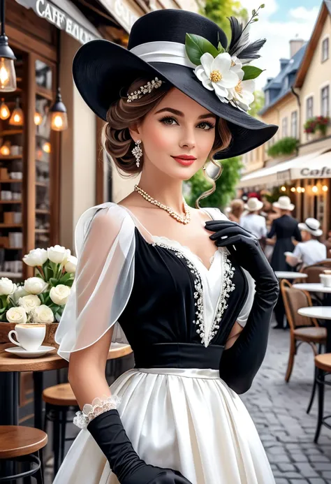 (((elegant European lady)))), ((long black and white dress)), accessories with ((black hat)))), ((black gloves)), as well as (gentle, ((white floral headdress )), everything on the background (carefree, ((cafe))), filled (softly flowering flowers), street