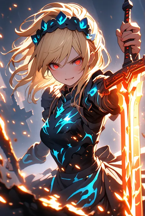 The dynamic scene captures, 
the instant energy sparks as a woman with blonde hair and red eyes,maid armor,
launches a thrusting attack with a great sword that is covered in blue flames,
The blue flames surrounding her greatsword give it an eerie glow,dark...