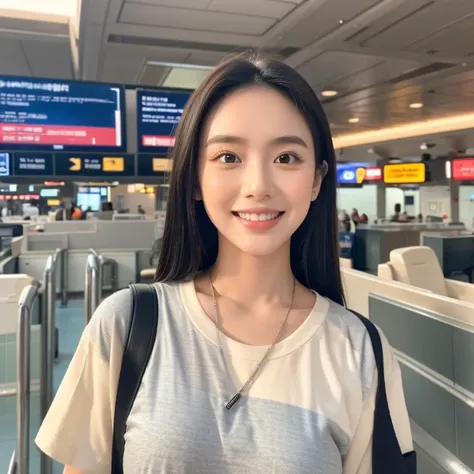 (best quality, 4K, masterpiece :1.3),A young Asian woman with a round face, wide forehead, thin, slightly arched eyebrows, and monolids heavily lined with thick black eyeliner, creating the illusion of larger eyes. She has a small, somewhat flat nose, thin...