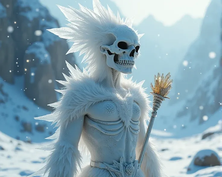 An ethereal being crafted of translucent crystal and delicate fur stands in a frozen expanse, its hollow gaze ignited by radiant starlight. Spines of gleaming quartz protrude from a sleek skull, creating the impression of fantasy creatures mythology forged...