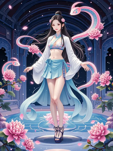  1girl ， super detailed，Traditional Hanfu，mini skirt， One-Third View ， exposes abdomen， Spontaneous Stand ，Average bust size，(kaleidoscope，Paisley，Interweaving)，Galaxy Arena ， Elegant Sublime ，chef，Highest grade ，Official illustrations， Intricate Details， ...