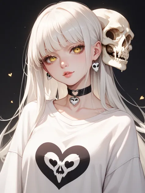 beautiful albino girl with long white hair and golden yellow eyes and painted black nails wearing oversized skull shirt and heart choker