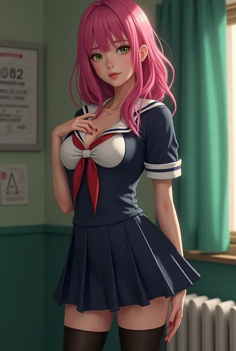 A sexy twenty-year-old woman wearing a
tight school uniform, black sexy tights on
her legs, green eyes, and pink hair.