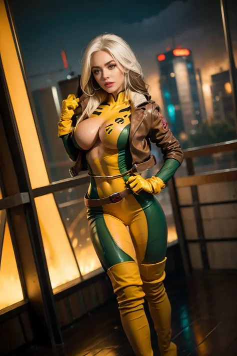 (full body),rogue from the x-men, beautiful detailed eyes, beautiful detailed lips, extremely detailed eyes and face, longeyelashes, red and white streaked hair, messy wavy hair, green eyes expressive eyes, pale skin, big breasts, slim waist, defined bely,...