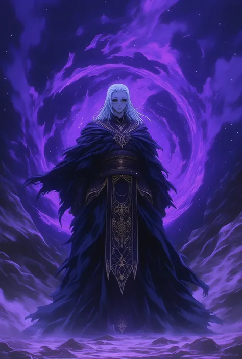 Crie um taoista, You have white hair ,  white eyes ,  he wears a black robe with gold details, And he's very muscular, He's letting out Gojo's purple void 