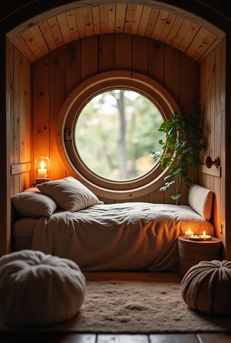 There is a room with a round window and a bed, Cozy place,  cozy room ,  cozy atmosphere ,  Comfortable environment ,  cozy and enchanting scene,  cozy and peaceful atmosphere, Cozy and peaceful,  Comfortable Atmosphere ,  cozy atmosphere ,  cozy atmospher...