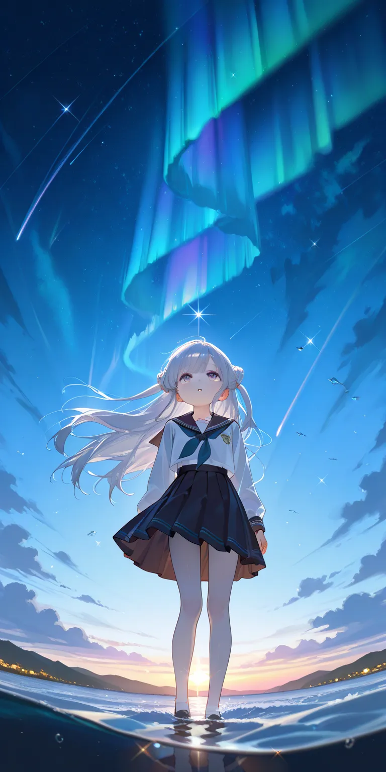 solo, 1girl\(cute,kawaii,chibi,school uniform, young, silver hair,floating hair, cosmic eye, pale skin, looking up,cute pose\). BREAK .(crystal clear bubbles\(shining prism,in the sky\), beautiful universe, (photo-realistic huge beautiful colorful aurora:1...