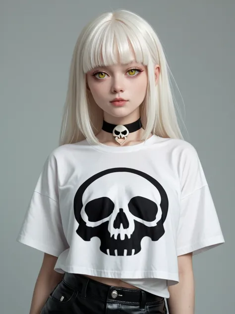 beautiful albino girl with long white hair and golden yellow eyes and painted black nails wearing oversized skull shirt and heart choker