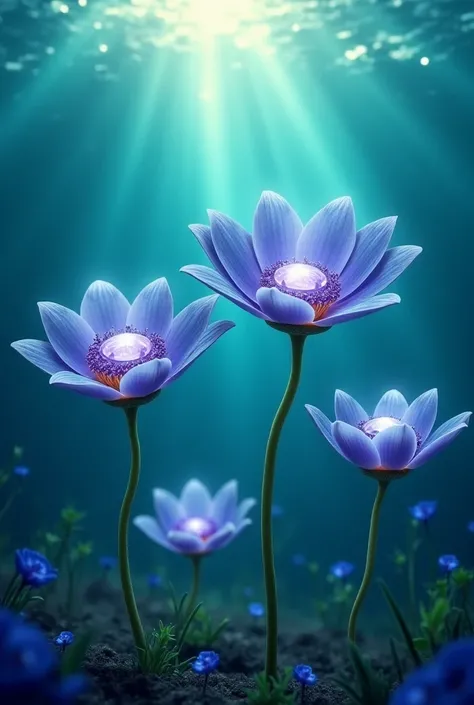 In the bottom of the water , there are four big flowers ,each one holds a sapphire on top and they all are shining 