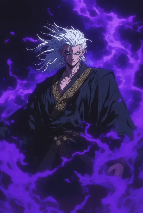 Crie um taoista, You have white hair ,  white eyes ,  he wears a black robe with gold details, And he's very muscular, He's letting out the purple void