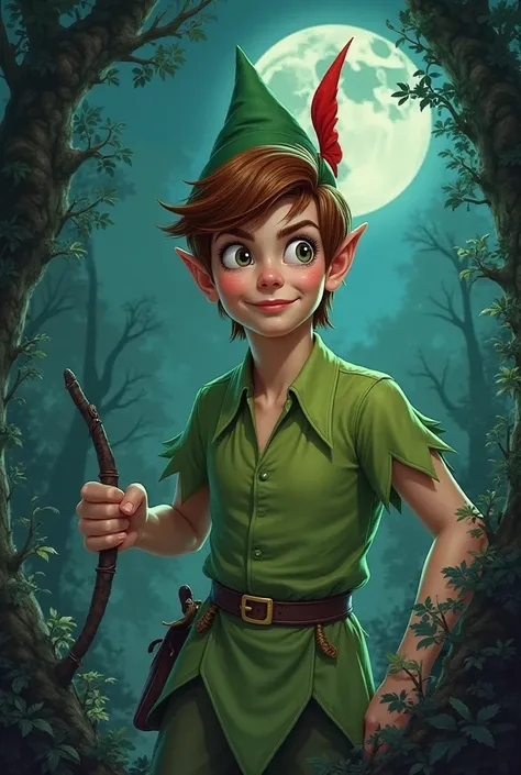 Fais moi une couverture de livre du conte Peter Pan. Avec Peter Pan qui est méchant. Il ne doit pas être terrorisant pour ne pas faire peur aux enfants. Les autres personnages de l'histoire doivent être présentes