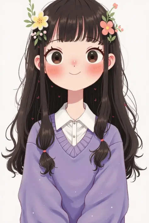 One with long black hair， Portrait of a girl in a purple sweater,   white shirt collar ，  Portrait of a character inspired by Yoshitomo Nara  , tumblr, Folk Art, Black-haired girl, Dark brown hair and big eyes , Lovely art style,   cute cartoon character  ...