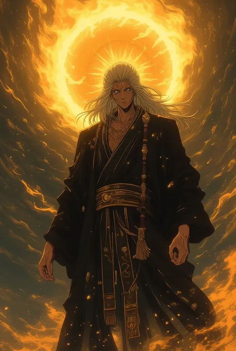 Crie um taoista, You have white hair ,  white eyes ,  he wears a black robe with gold details, And he's very muscular, He's letting out the golden void