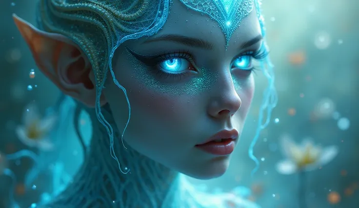 beautiful alien woman with fish skin and glowing blue eyes