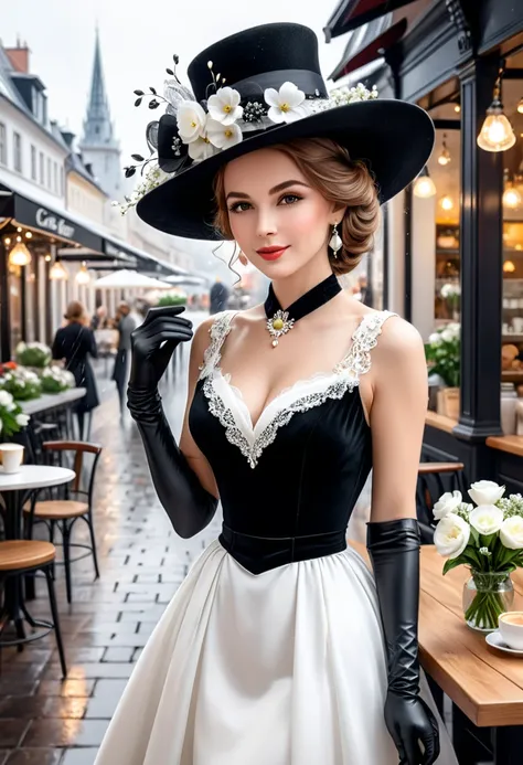 (((elegant European lady)))), ((long black and white dress)), accessories with ((black hat)))), ((black gloves)), as well as (gentle, ((white floral headdress ))), all on the background (carefree, ((cafe))), filled (softly flowering flowers), street, cloud...