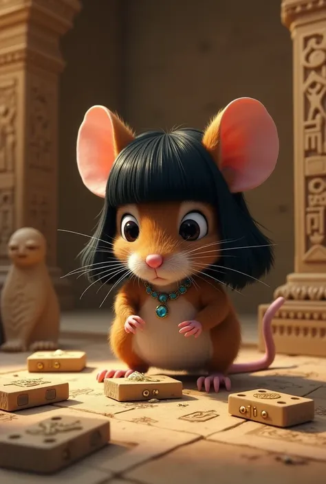 A picture of a mouse playing the popular Egyptian domino game wearing a black wig and having a big rumen