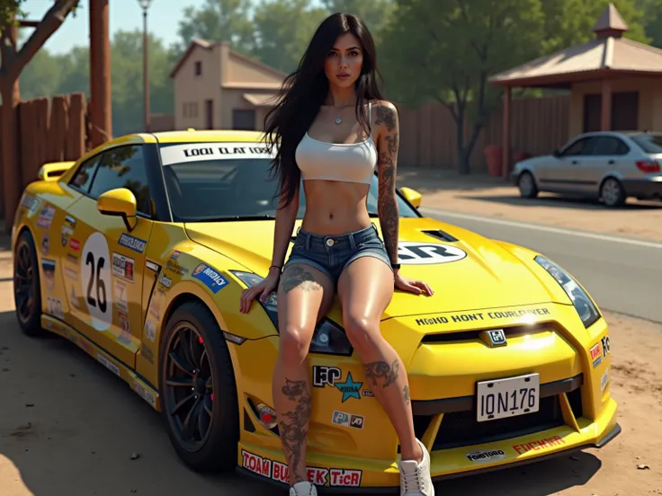 A digitally rendered realistic photo of a stunning and gorgeous female character with long dark hair. She is 26 years old. She is sitting on the hood of a yellow Nissan GTR sports car. The car has several decals and stickers, including one that says "Need ...