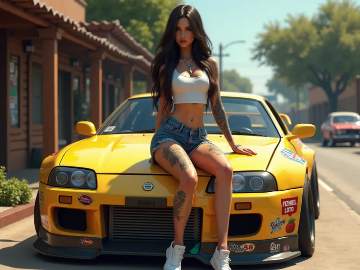 A digitally rendered realistic photo of a stunning and gorgeous female character with long dark hair. She is 26 years old. She is sitting on the hood of a yellow Nissan GTR sports car. The car has several decals and stickers, including one that says "Need ...