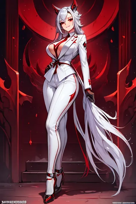 female, long silver hair, red eyes, silver wolf ears, silver wolf tail, (((1girl))), (((white business suit))), (red dress shirt), (white trousers), (black neck tie), (black fingerless gloves), (black low heel shoes), cute and sexy, full body, big breasts,...