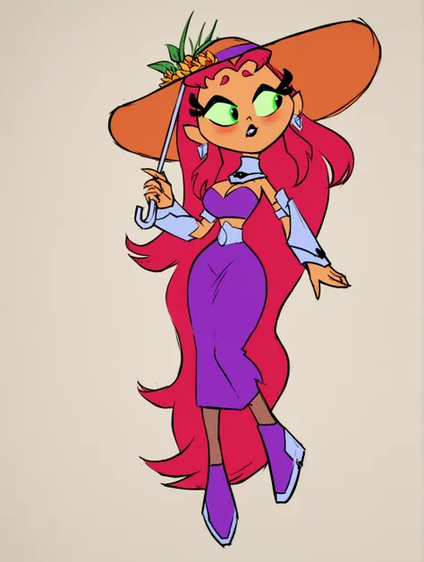 Starfire ( Titans Go) as a sexy 15yo redhead Gibson Girl coquette, wearing a (((1900_dr3ss))). Year 1904. High-collar gown with sheer cleavage and sleeves, wide-brimmed hat with flowers, gloves, silk stockings, buttoned ankle boots. Voluminous Gibson Girl ...