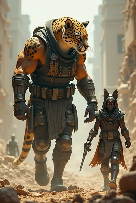 in a war environment ,  passes by a large jaguar man wearing tactical pants,In front of him a smaller Incan warrior man with his weapons