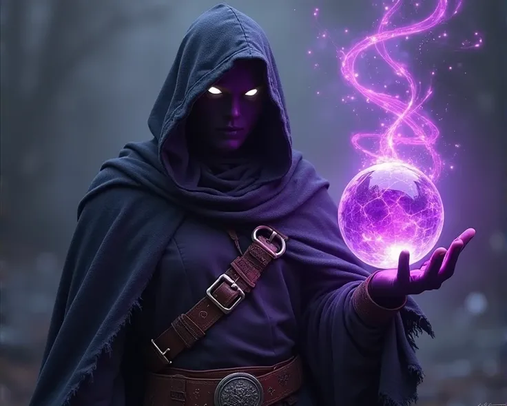 A hooded figure extends one gloved hand, swirling ribbons of violet energy around a gleaming crystal orb. Faintly glowing eyes peer through a mask, hinting at hidden intentions locked behind a shroud of dark fabric. Magic spells art pulses from the orb’s s...