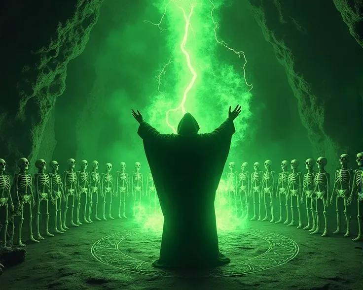 A hooded figure raises robed arms within a subterranean chamber, neon-green arcs of sorcery radiating from a circle etched into the stony floor. Dozens of rattling skeletons crowd around, each bony frame animated by the same luminescent power. The ritual’s...