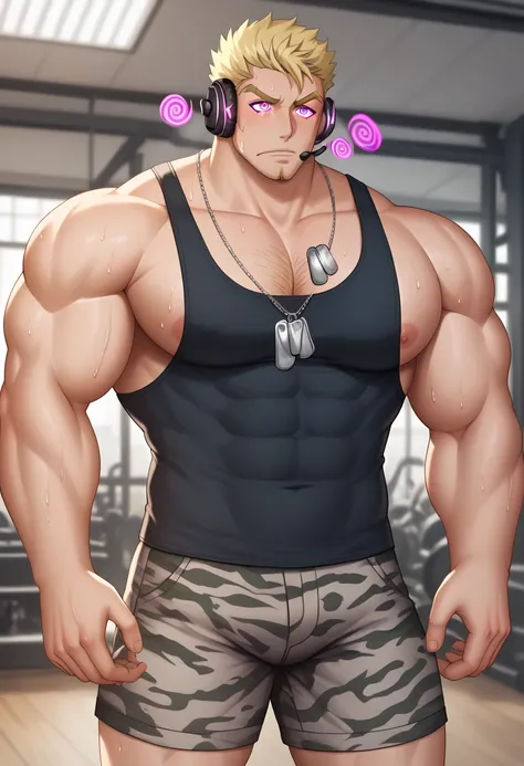 Laxus Dreyar, blond hair, stringer tanktop, camo shorts, headphones, dog tags, muscular, muscles, broad shoulders, massive pecs, hairy chest, sweaty, glowing spiral in the eyes, blank expression, vacant stare, hypnotized, brainwashed, focused, High Resolut...