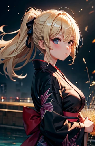  girl　 big ribbon　 Light Blonde　アニメの girl, firework,  splash art　Black yukata　Beautiful breasts