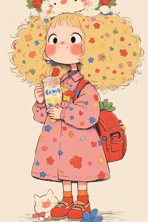  Blonde and strawberry milkshake  , The pink cute little princess  ,   is surrounded by cute cartoon characters and a soft pink background，Rich in details