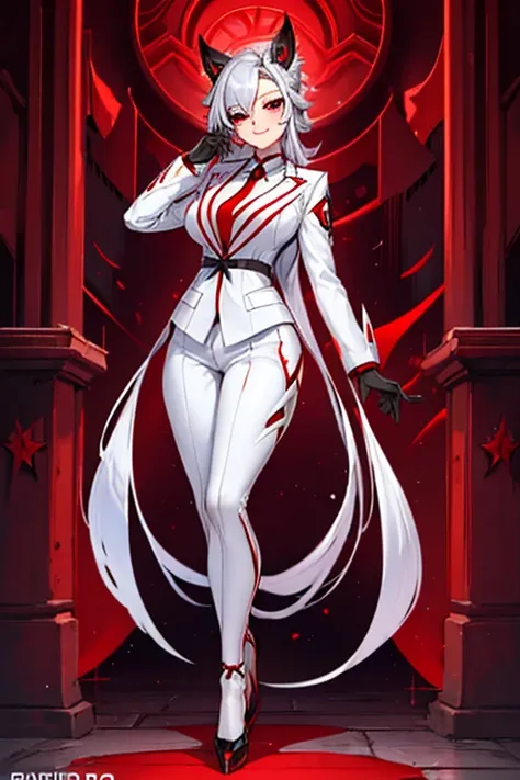 female, long silver hair, red eyes, silver wolf ears, silver wolf tail, (((1girl))), (((white business suit))), (red dress shirt), (white trousers), (black neck tie), (black fingerless gloves), (black low heel shoes), cute and sexy, full body, big breasts,...