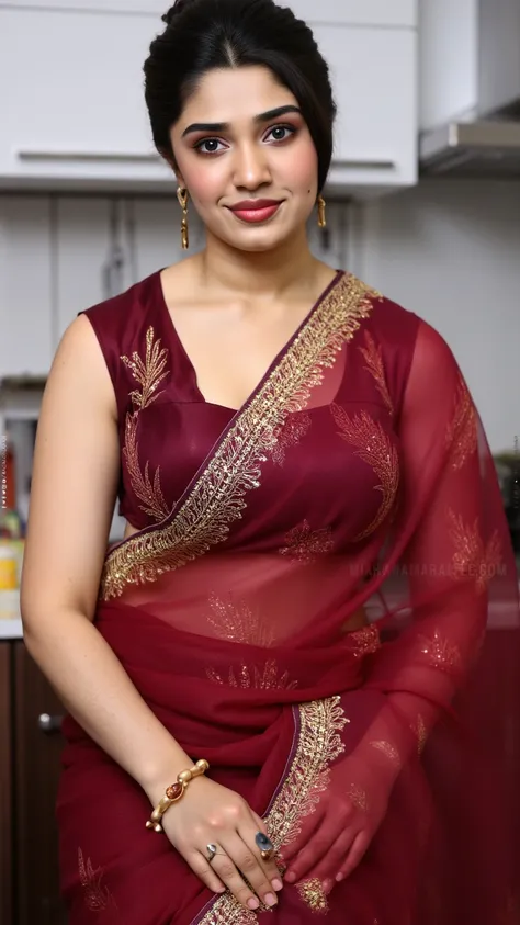 Kitchen setting/background. Transparent red saree with black bikini blouse, exposed to show large cleavage. Thick thighs. Large sweaty breasts. Visible cleavage. Indian origin 35 years old woman. Sultry look. Voluptuous and thick size figure. Parted lips. ...