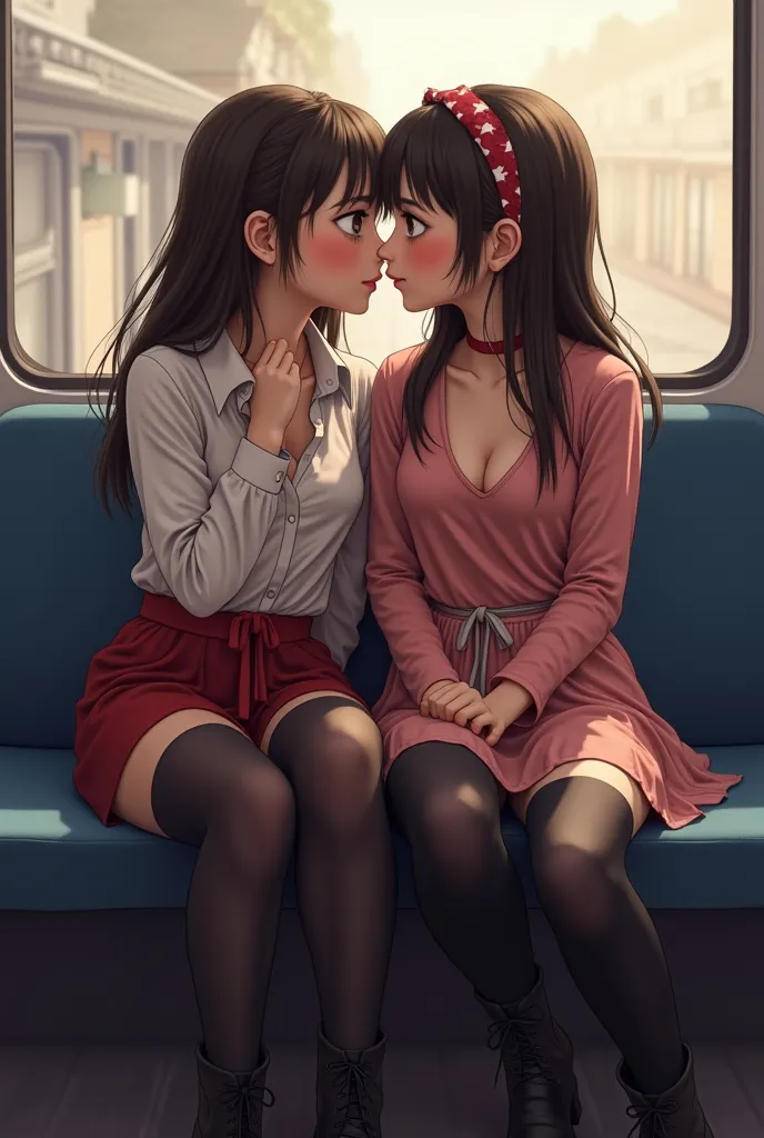 two arabic 8years girls sitting on train seat, View Photographer, whole body, (Smiling at the photographer), tight skirt, High boots, Clothes that show the open chest、Thin and long elbows、(wearing a open breast top, mini skirt, black pantyhose), (Plump bre...