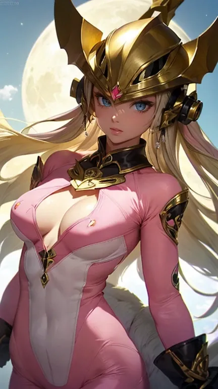 Waifu, masterpiece, curvy, breasts, moon, full moon, gloves, 1girl, clenched teeth, cleavage, large roll_exe_megamanbn,(helmet),blonde hair,long hair,leotard,green eyes,pink bodysuit,bodysuit,, breasts, teeth, ((roll_exe:1.2)), (small breasts:1.1), rating:...