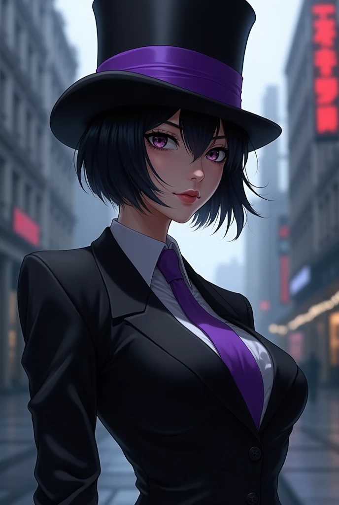 Creat profile anime black suit wear purple banded top hat girl short hair black hair