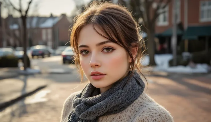 Winter 2025, a young, beautiful woman with up-do hair, dressed in casual winter clothes, with light make-up to add a touch of freshness. The bricks in the street shine in warm shades.
Description: photorealistic, masterpiece, best quality, RAW photo, brown...