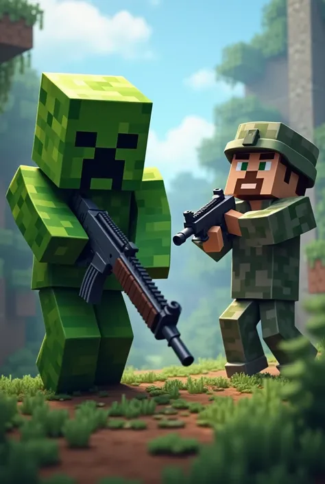 Draw a minecraft themed creeper and soldier next to it , Let the soldier hold a gun and let the zombie pretend to attack him