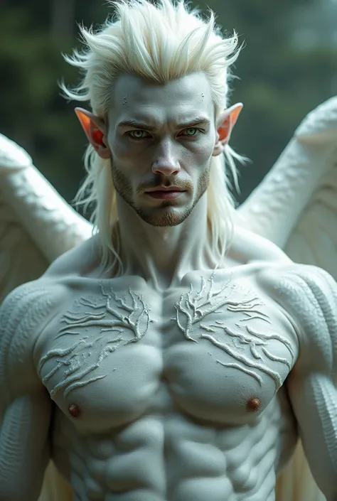 - Man without clothes
- Muscular and athletic body
- White skin with subtle silver scales
- Mullet-style white hair
- Bright green eyes
- Wings not visible, But with the presence of wings
- Unclothed 