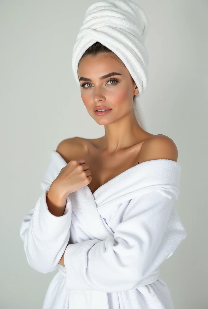 arafed woman in a towel wrapped around her chest, wearing a towel, wearing a white robe, wearing white robe, wearing a white bathing cap, white scarf, photoshoot for skincare brand, white sarong, a beautiful woman in white, anna nikonova aka newmilky, in w...