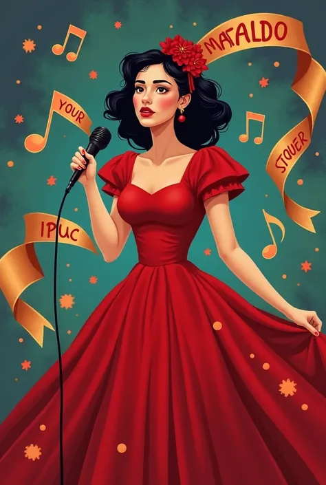  I want an image of Mafalda , singing, that I have a red dress ,  without earrings or accessories .  In the background that is colorful and that there are musical notes ,  also a ribbon with the phrase of your beloved IPUC chapinero