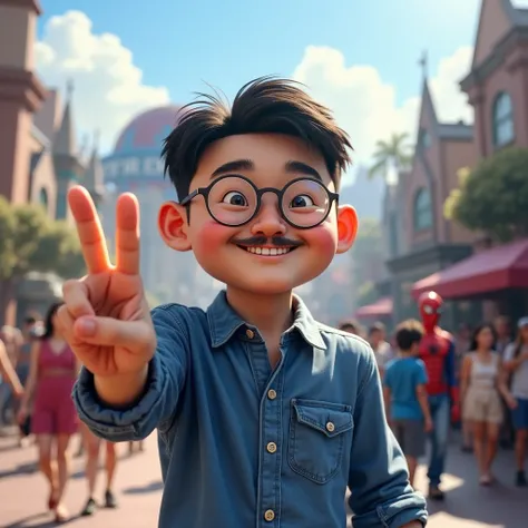 (best quality, 4K, masterpiece :1.3) a young asian man with a round face, fair skin, and short, dark, slightly unkempt hair. He has small, slightly puffy eyes behind round, wire-rimmed glasses. His eyebrows are dark and somewhat thick. He has a thin mustac...