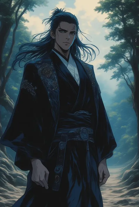 Crie um taoista,  has black hair,  black eyes,  wears a black robe with gray details, And he's very muscular,