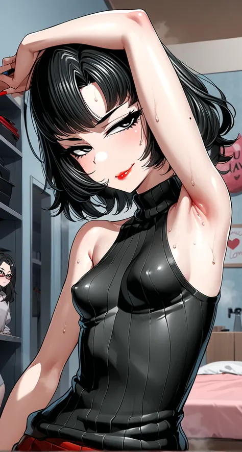 female character, adult woman with tiny breasts, clear piercing eyes, black eyes, black hair, short tucked-in hair, red barrette in hair, black make-up visible around eyes, long eyelashes, red cheeks, full view of character, moles visible and detailed, swe...