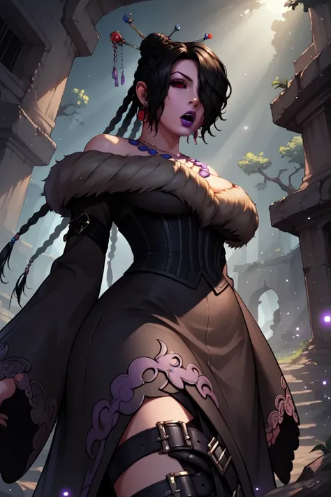 score_9, score_8_up, score_7_up,score_6_up, score_5_up, score_4_up , 
large breasts,
1girl, solo,
LuluDG,
black hair, hair ornament, red eyes, single hair bun, purple lips, hair stick,braid,hair over one eye,
black dress, jewelry, fur trim, multiple belts,...