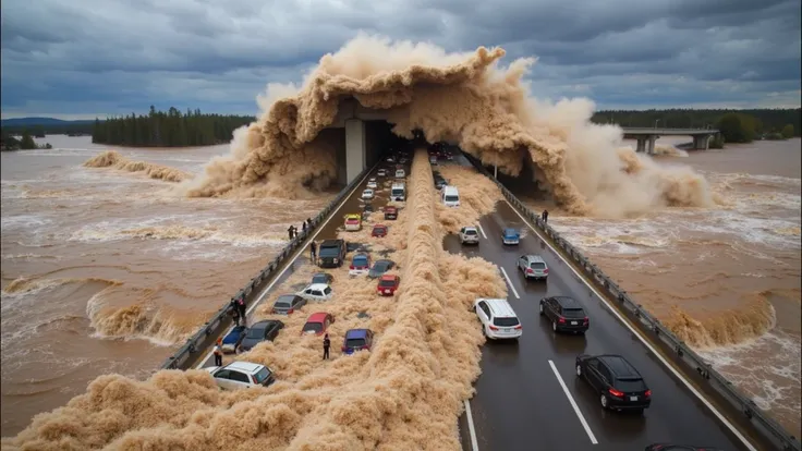 Image is a dramatic and intense photograph capturing a natural disaster scene. It shows a highway bridge being overwhelmed by a massive flood, with turbulent brown water cascading over the structure. Numerous vehicles are stranded on the bridge, some parti...