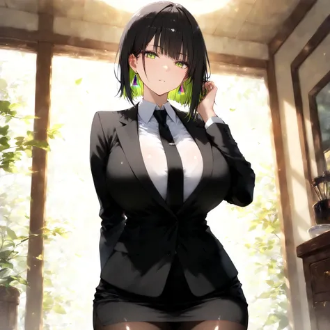 masterpiece, (((( best quality )))),1 girl, Japanese Anime ,,shiny skin, wearing a black suit,skirt suit, black tie , dark hair, short bob hair,The inner color of the hair is green, green eyes,isosceles triangle earrings, black tights,large breasts,