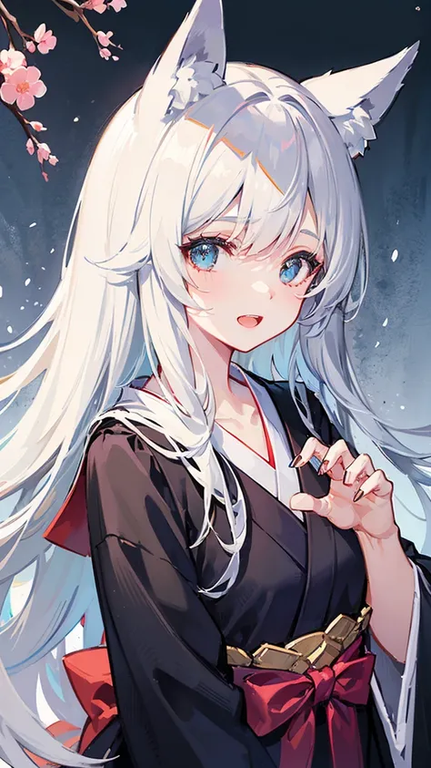 gray hair 、 ((mullet hairstyle))、((feather bangs))、illuminated in the dark 、 I had hair on one eye、Japanese-style town、day,((solo)),1 girl,((from above))、Yangyun、cherry blossoms、 Flower blowing snow、bird、slender、open mouth、double teeth、 claw pose、smile、 Co...