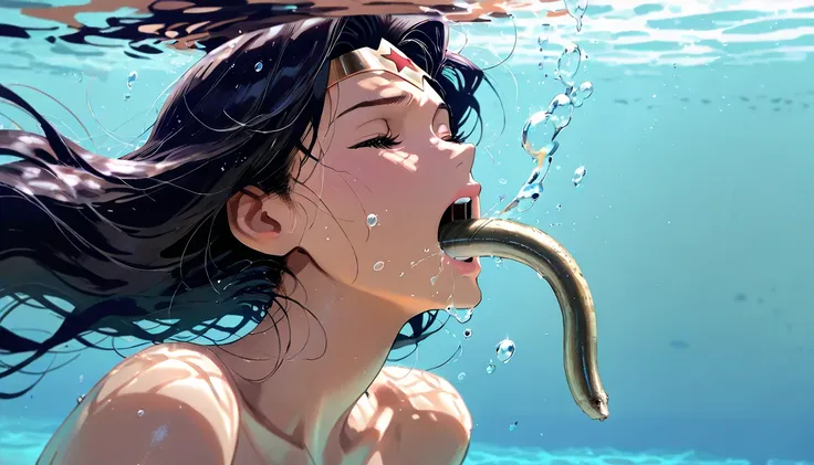 Masterpiece, high definition, beautiful face、Underwater Battle 、(((many Eels floating around Wonder Woman's face、 A group of swimming eels、eels swim around in the water))) 、Wonder Woman turns her face up、Straighten her throat )、open mouth, close eyes, an e...